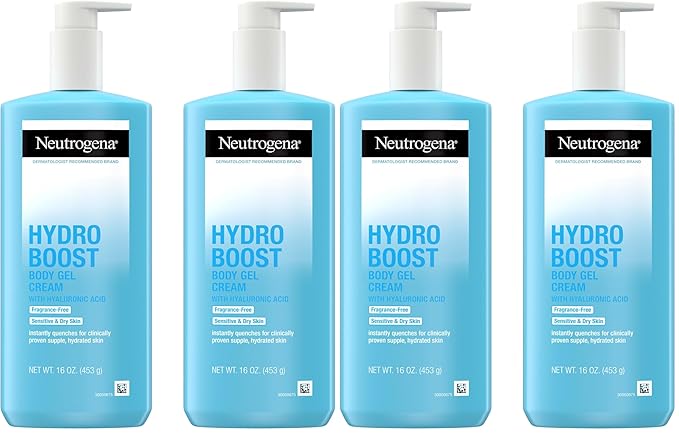 Neutrogena Hydro Boost Body Gel Cream,Hydrating Body Lotion with Hyaluronic Acid for Sensitive Skin,Fragrance-Free Hyaluronic Acid Moisturizer,16 oz,(Pack of 4)